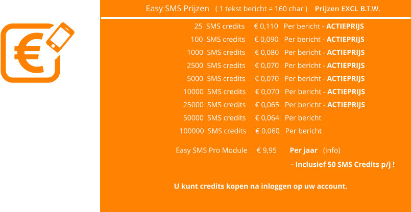 Easy SMS Prijzen   ( 1 tekst bericht = 160 char )    Prijzen EXCL B.T.W.              25  SMS credits      0,110   Per bericht - ACTIEPRIJS          100  SMS credits      0,090   Per bericht - ACTIEPRIJS        1000  SMS credits      0,080   Per bericht - ACTIEPRIJS        2500  SMS credits      0,070   Per bericht - ACTIEPRIJS        5000  SMS credits      0,070   Per bericht - ACTIEPRIJS      10000  SMS credits      0,070   Per bericht - ACTIEPRIJS      25000  SMS credits      0,065   Per bericht - ACTIEPRIJS      50000  SMS credits      0,064   Per bericht    100000  SMS credits      0,060   Per bericht   Easy SMS Pro Module      9,95       Per jaar   (info)                                                                - Inclusief 50 SMS Credits p/j !  U kunt credits kopen na inloggen op uw account.